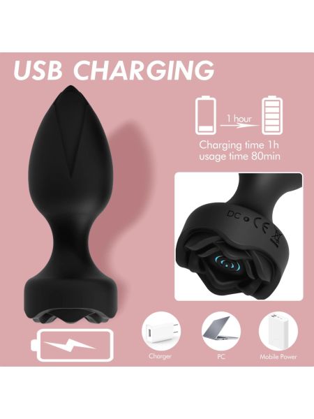 Power Escorts - Princess Plug - Remote Rose Design Plug - USB Rechargeable - 10 Functions - Black - 5