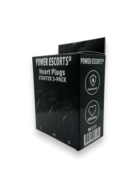 Power Escorts - Heart Plug Anal Starter 3-Pack - S, M & L - Black - quality Silicone - Colour box - 3