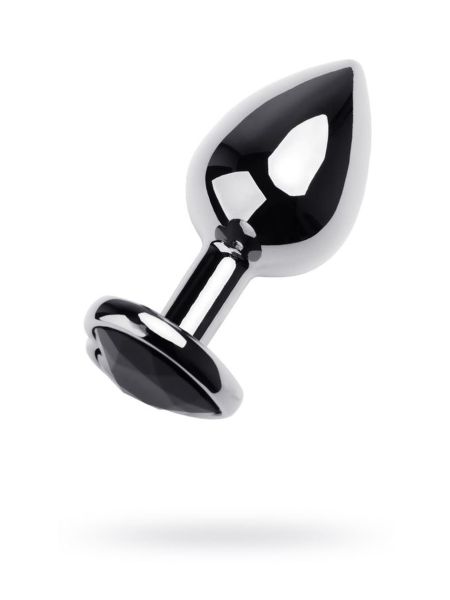 Silver anal plug TOYFA Metal with black heart-shaped gem, length 7 cm, diameter 1,8-3,3 cm, weight 92 gr