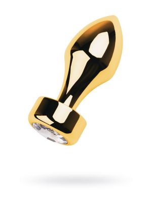 Gold anal plug TOYFA Metal with white round-shaped gem , length 7 cm, diameter 2-3,5 cm, weight 140 gr